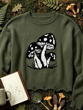 Cottagecore White Mushroom Graphic Long Sleeve Warm Knit Green Sweater Medium